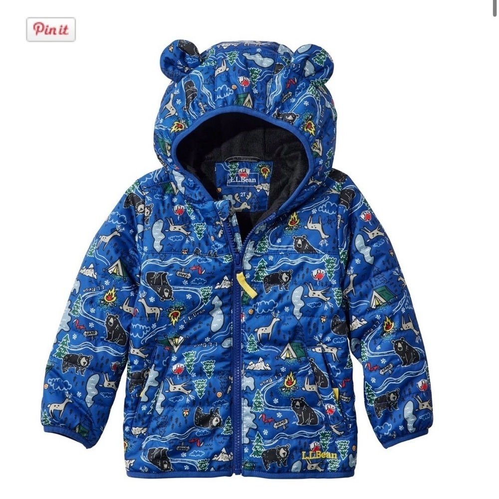 L.L. Bean Kids Down Jacket – Blue Campsite, Fleece-Lined (Size 12-18 months)